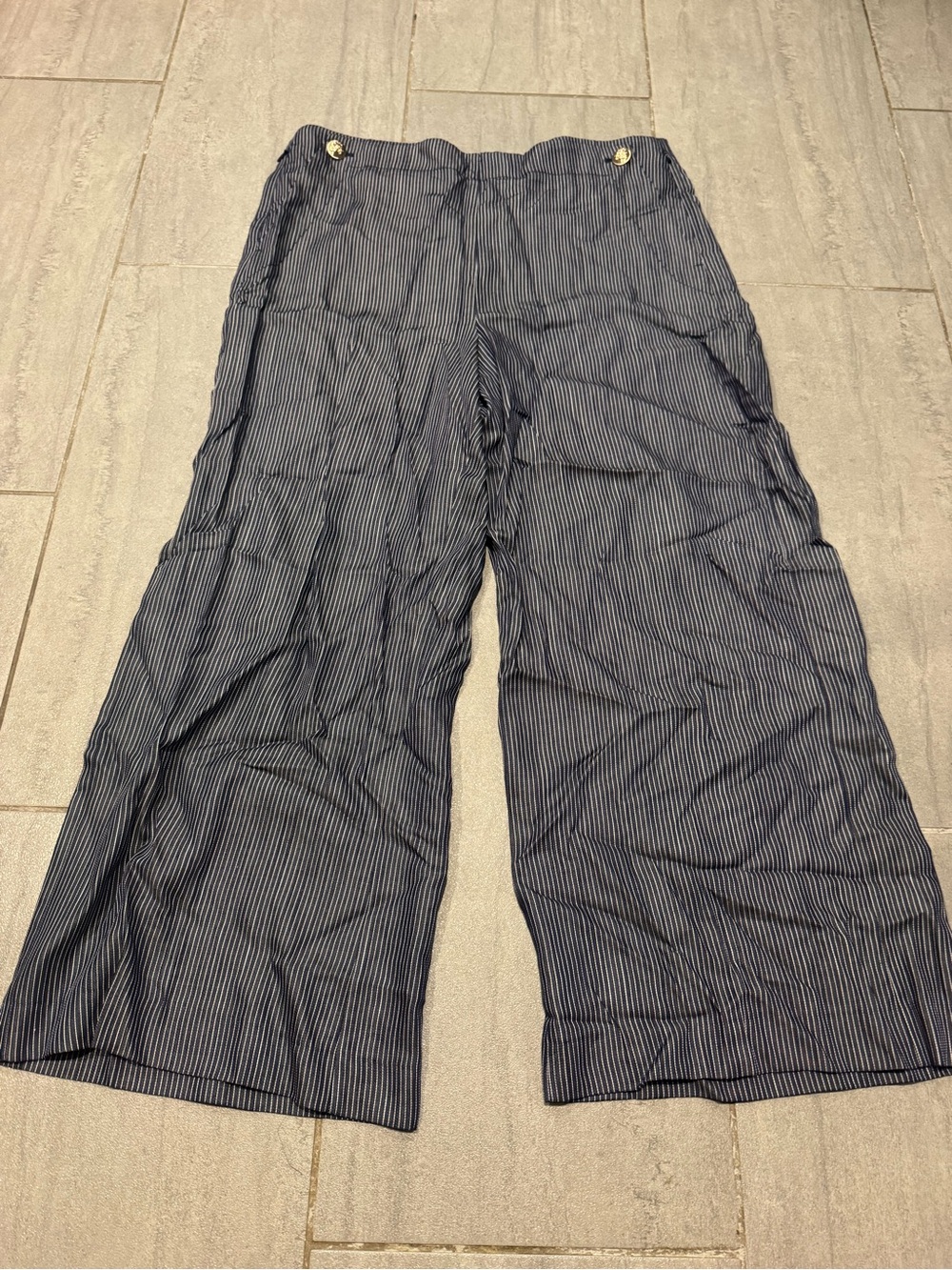 ANN TAYLOR Navy White Striped Flare Wide Leg Button Sailor Casual Pants Size 14